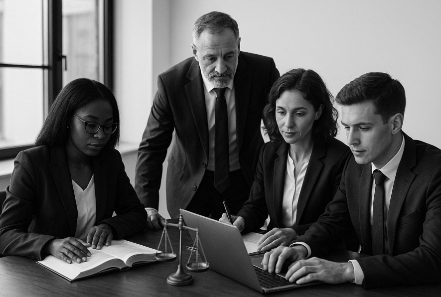 Legal professionals collaborating in modern office